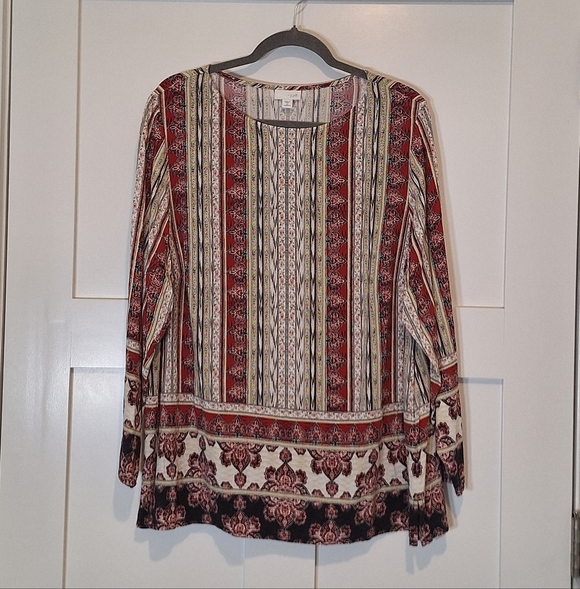 J. Jill Tops - J. Jill Floral Medallion Print Tunic Top 100% Rayon Long Sleeve Sz 2X Red White